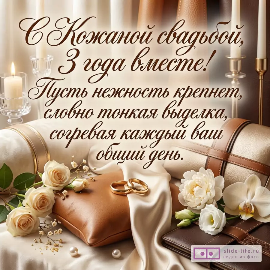 Бежево-коричневая открытка со свечами, розами, обручальными кольцами, кожаными подушками и надписью «С Кожаной свадьбой, 3 года вместе! Пусть нежность крепнет, словно тонкая выделка, согревая каждый ваш общий день.»