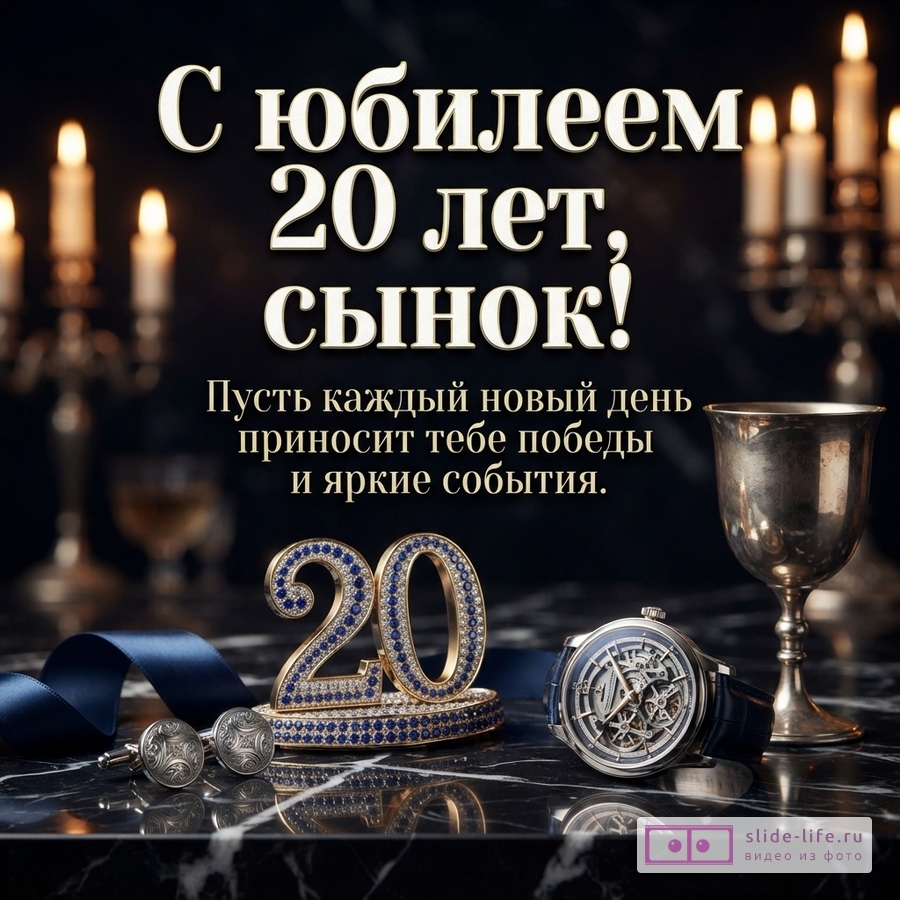 Мужские наручные часы, запонки, кубок и инкрустированная цифра 20 на черном мраморе с текстом: «С юбилеем 20 лет, сынок! Пусть каждый новый день приносит тебе победы и яркие события.»