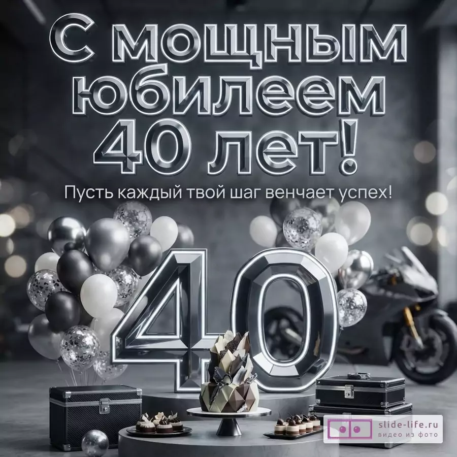 Открытка с серым фоном, надпись «С мощным юбилеем 40 лет! Пусть каждый твой шаг венчает успех!» белыми буквами с неоновой обводкой. Внизу крупные цифры «40» с неоновой обводкой, вокруг черно-белые шары, торт, пирожные, черные кейсы и мотоцикл.