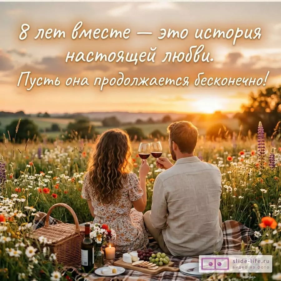Бежево-золотой закат, пара на пледе среди полевых цветов с бокалами вина, корзиной и закусками. Текст: «8 лет вместе — это история настоящей любви. Пусть она продолжается бесконечно!»