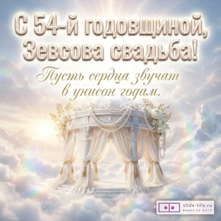 Открытка с беседкой в облаках, радугой, горами, солнечным светом. Текст: «С 54-й годовщиной, Зевсова свадьба! Пусть сердца звучат в унисон годам.»