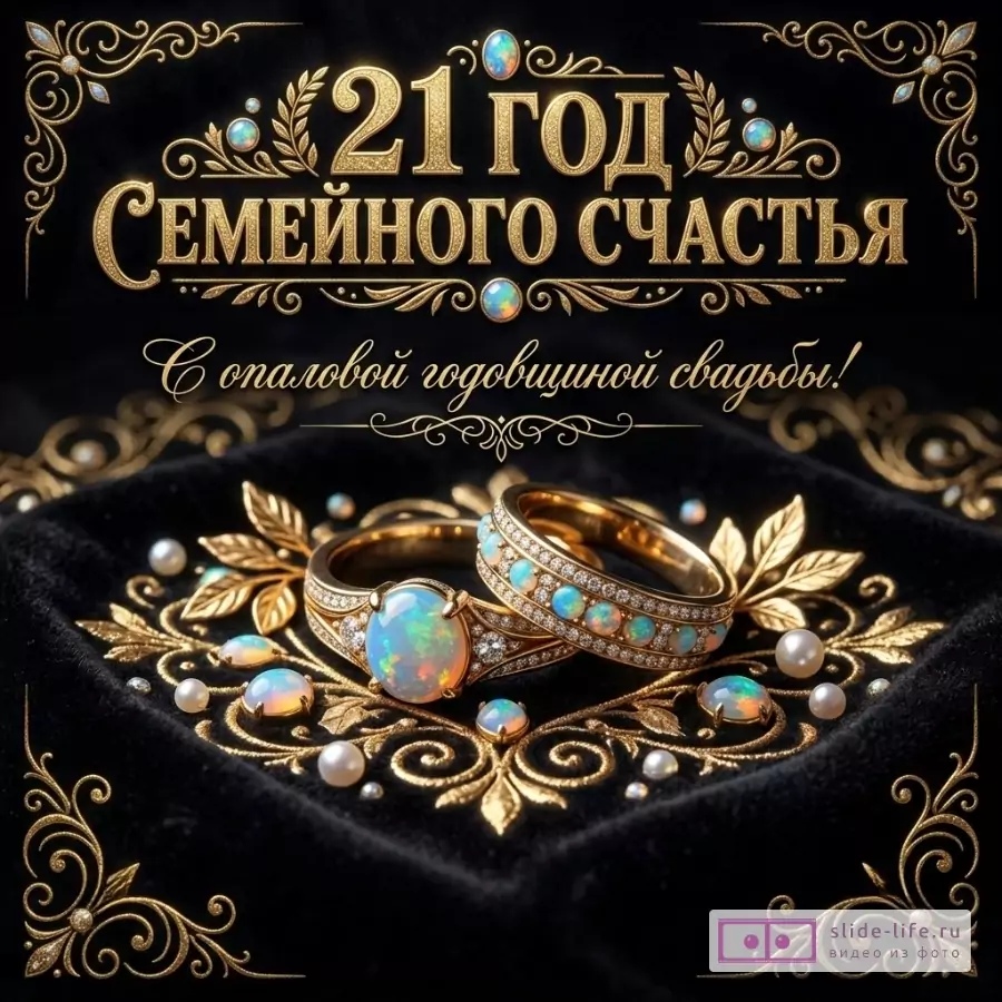 Черный фон с золотым орнаментом, обручальные кольца с опалами и жемчугом. Текст: «21 ГОД СЕМЕЙНОГО СЧАСТЬЯ» и «С опаловой годовщиной свадьбы!».