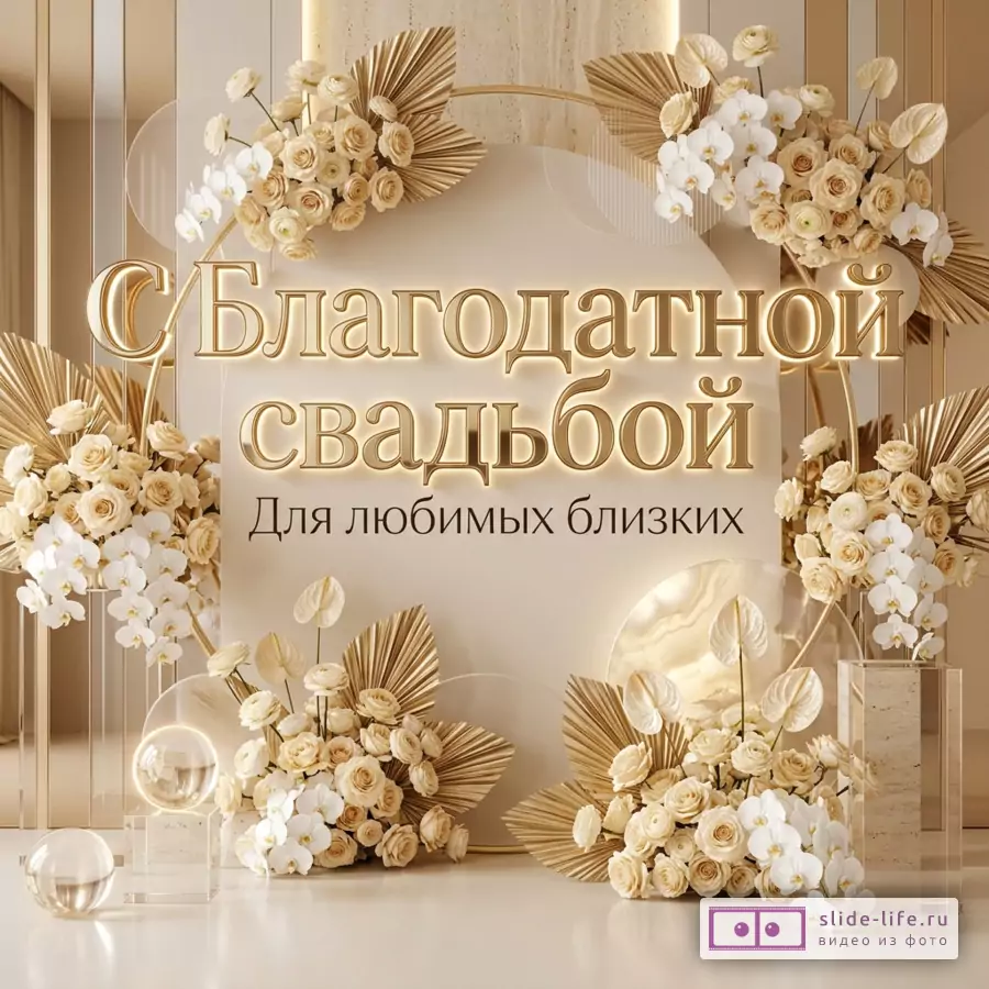 Бежевая открытка с золотым объемным текстом «С Благодатной свадьбой Для любимых близких», цветочные композиции из белых и кремовых цветов, стеклянные вазы, декоративные панели