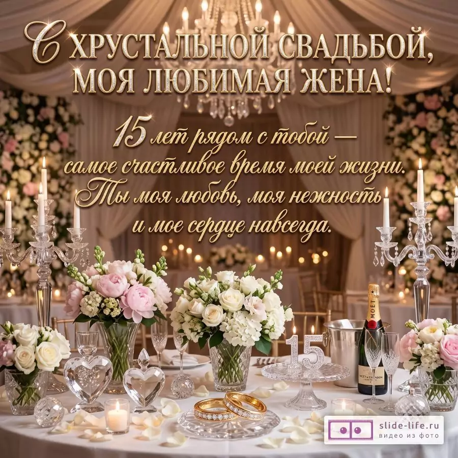С хрустальной свадьбой 15 лет! Открытка жене от мужа с любовью и поздравлением с годовщиной свадьбы
