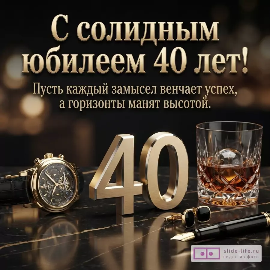 Черный фон, золотые буквы, золотые цифры «40», золотые часы, стакан виски, запонки, ручка. Текст: «С солидным юбилеем 40 лет! Пусть каждый замысел венчает успех, а горизонты манят высотой.»