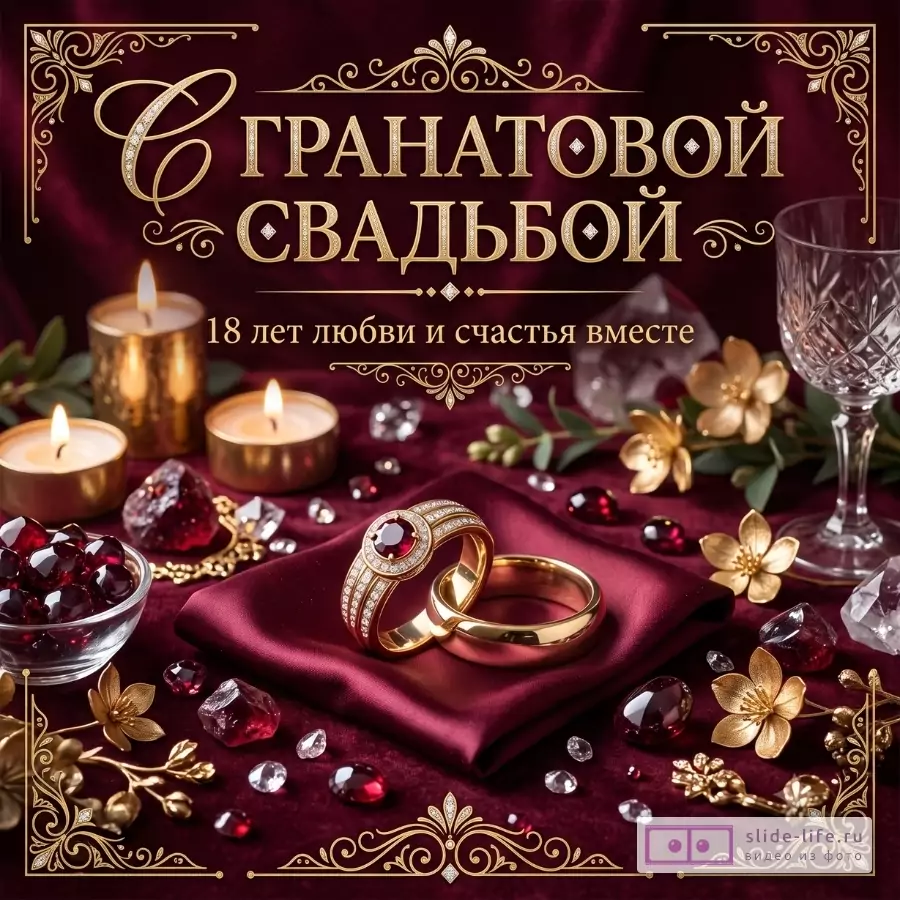 Бордовый фон, золотые узоры, свечи, два обручальных кольца с гранатовым камнем, бокал, гранатовые зерна, кристаллы и золотые цветы, текст «С ГРАНАТОВОЙ СВАДЬБОЙ» «18 лет любви и счастья вместе»