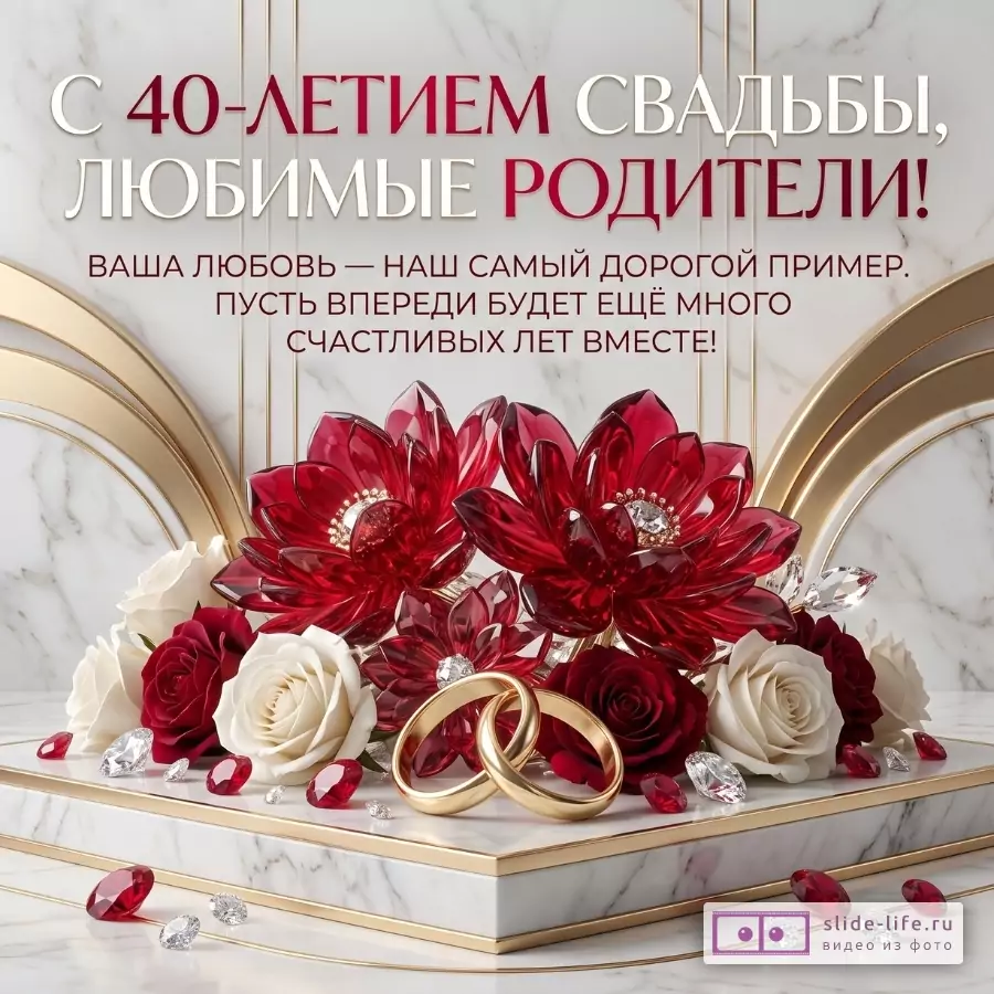 Светлый мраморный фон, красные и белые цветы, золотые кольца, декоративные камни. Текст: «С 40-ЛЕТИЕМ СВАДЬБЫ, ЛЮБИМЫЕ РОДИТЕЛИ!»