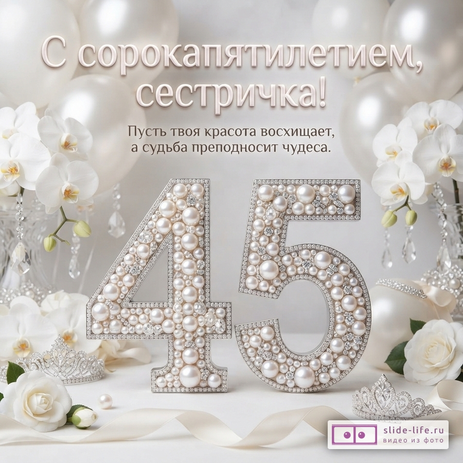 Белый фон, белые шары, белые орхидеи. Цифры «45» из жемчуга и страз. Текст «С сорокапятилетием, сестричка! Пусть твоя красота восхищает, а судьба преподносит чудеса.»