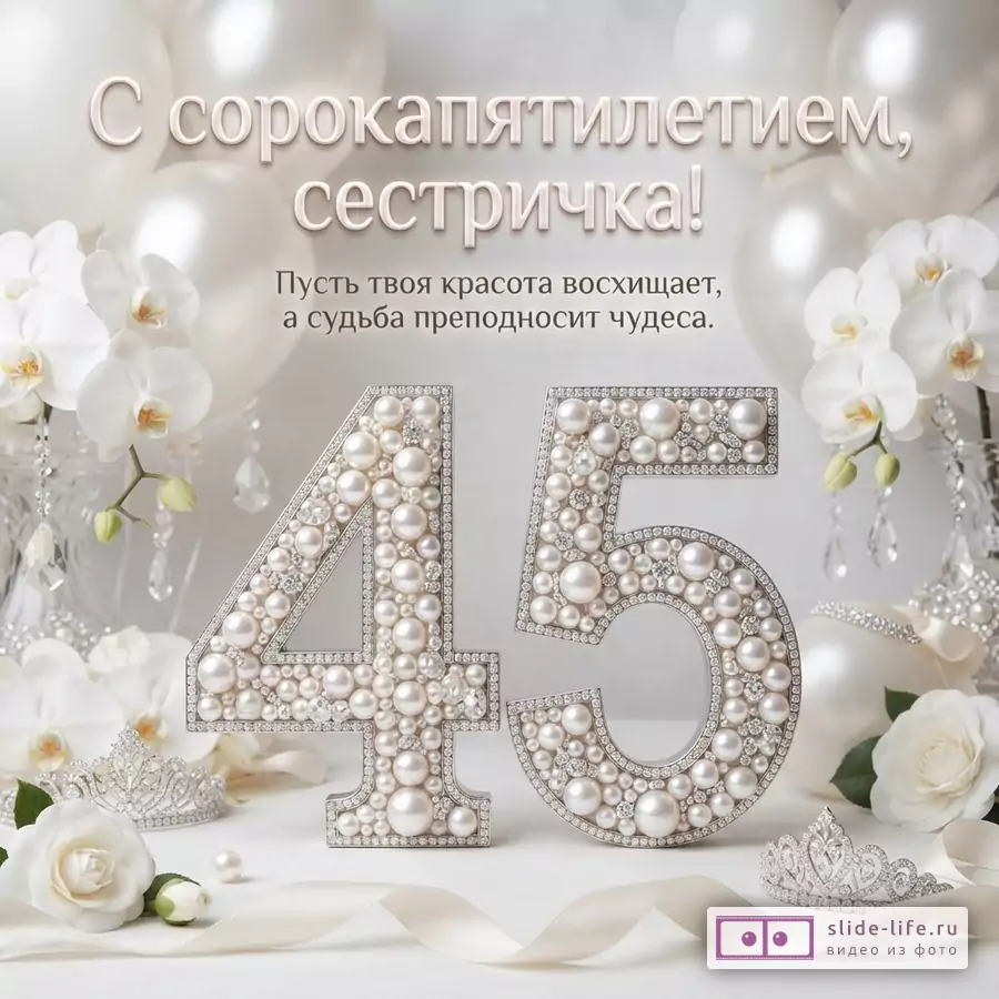 Белый фон, белые шары, белые орхидеи. Цифры «45» из жемчуга и страз. Текст «С сорокапятилетием, сестричка! Пусть твоя красота восхищает, а судьба преподносит чудеса.»