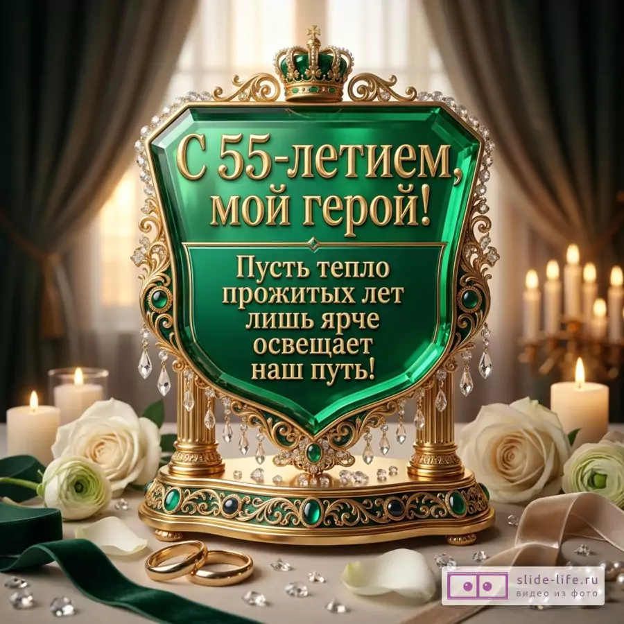 Зеленая открытка с золотой короной, декоративной рамой, кристаллами, свечами, белыми розами, золотыми кольцами и текстом «С 55-летием, мой герой! Пусть тепло прожитых лет лишь ярче освещает твой путь в наших руках.»