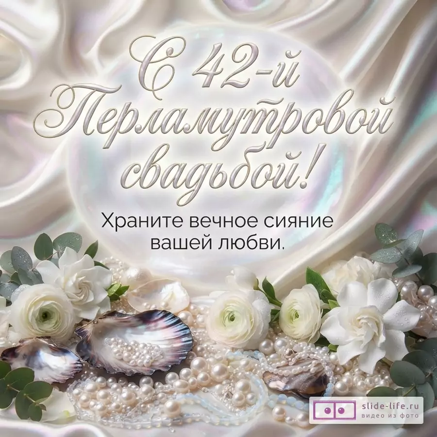 Белый фон с переливами, в центре круглое свечение, внизу белые цветы, ракушки и жемчуг. Текст «С 42-й Перламутровой свадьбой! Храните вечное сияние вашей любви.»