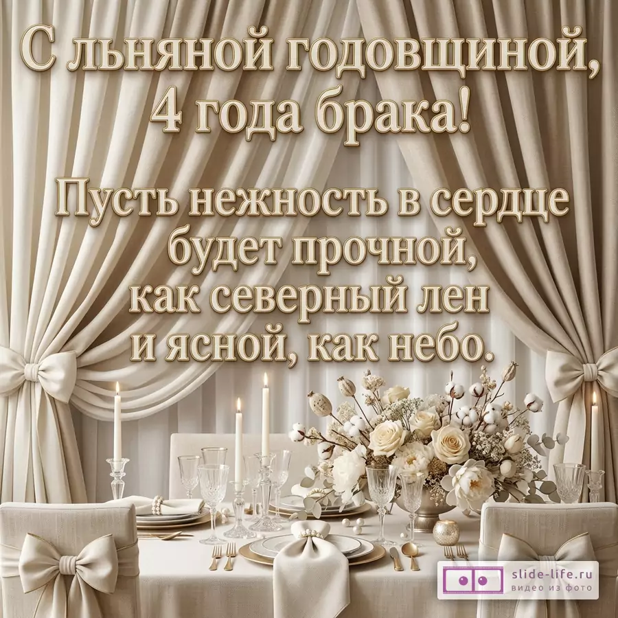 Бежевые шторы, стол с цветами и свечами, стулья с бантами, текст «С льняной годовщиной, 4 года брака! Пусть нежность в сердце будет прочной, как северный лен и ясной, как небо.»