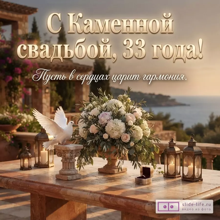 Открытка с Каменной свадьбой. Фон: закат, море, вилла. На переднем плане: мраморный стол, букет цветов, белая голубка, фонари со свечами, открытая коробочка с кольцом. Текст: «С Каменной свадьбой, 33 года! Пусть в сердцах царит гармония.»