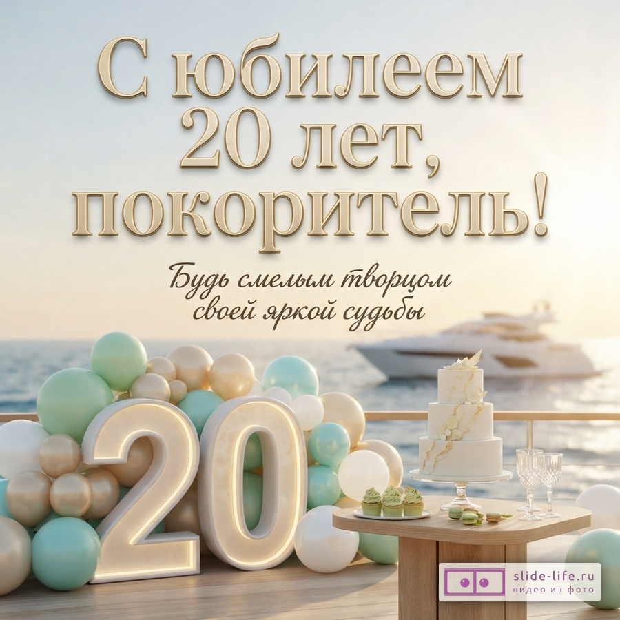 Объемная светящаяся цифра 20, воздушные шары и торт на фоне моря и яхты с текстом «С юбилеем 20 лет, покоритель! Будь смелым творцом своей яркой судьбы».