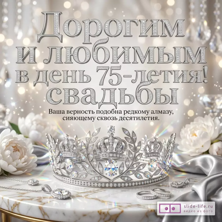 Бриллиантовая корона, кольца и белые пионы на мраморной поверхности с подсветкой. Текст: «Близким в день 75-летия! Ваша верность подобна редкому алмазу, сияющему сквозь десятилетия.»