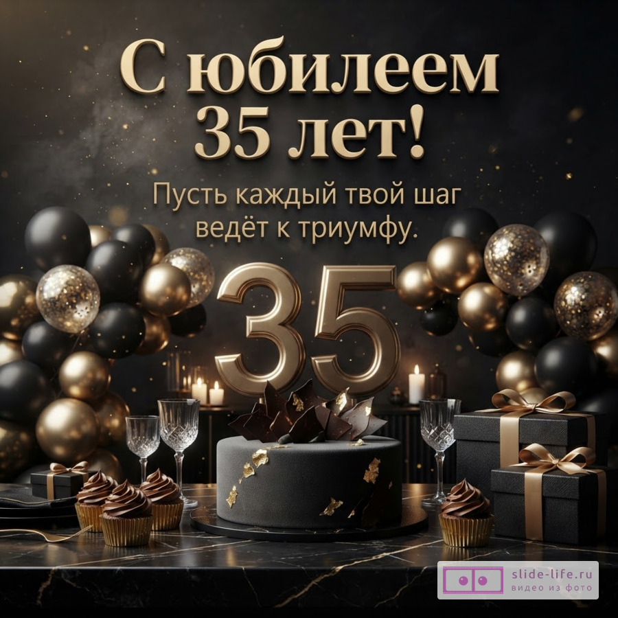 Черный праздничный торт с золотыми цифрами 35, воздушные шары и подарки. Золотая надпись: «С юбилеем 35 лет! Пусть каждый твой шаг ведёт к триумфу.»