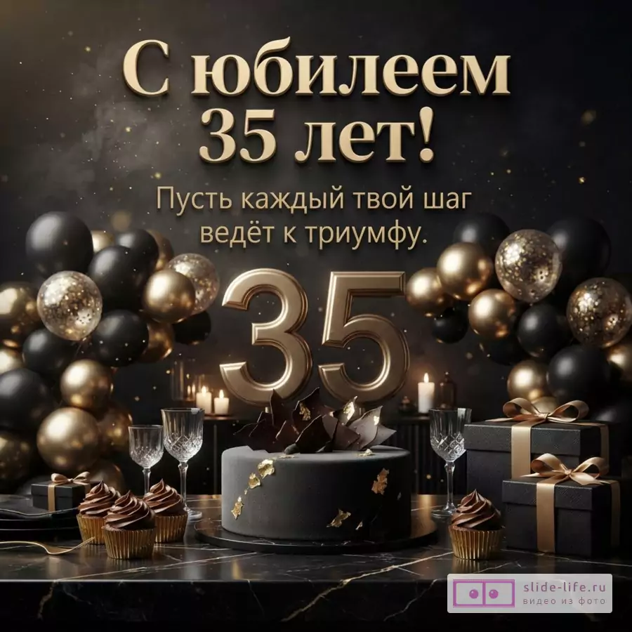 Черный праздничный торт с золотыми цифрами 35, воздушные шары и подарки. Золотая надпись: «С юбилеем 35 лет! Пусть каждый твой шаг ведёт к триумфу.»