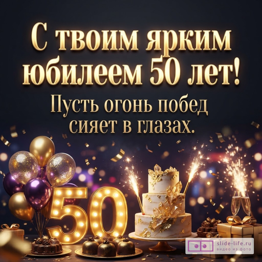 Темный фон, золотые буквы. Текст «С твоим ярким юбилеем 50 лет! Пусть огонь побед сияет в глазах.». Внизу цифры «50» с подсветкой, воздушные шары, торт, подарки, конфетти, фейерверки.