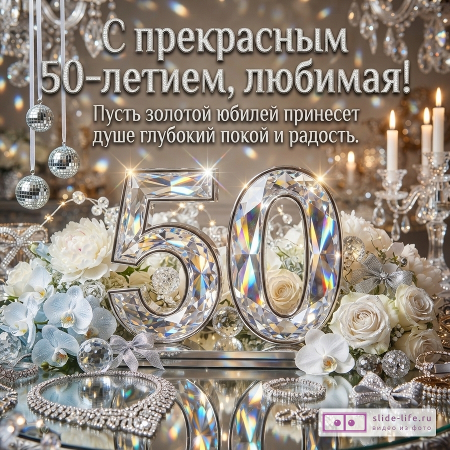 Фон с бликами, люстрами и свечами. На переднем плане композиция из белых цветов, орхидей, серебристых бантов и украшений. В центре композиции большие цифры «50» из прозрачных кристаллов. Текст: «С прекрасным 50-летием, любимая! Пусть золотой юбилей принесет душе глубокий покой и радость.»