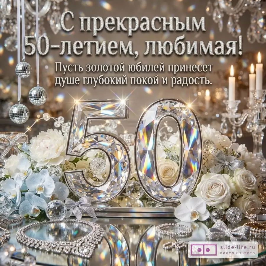 Фон с бликами, люстрами и свечами. На переднем плане композиция из белых цветов, орхидей, серебристых бантов и украшений. В центре композиции большие цифры «50» из прозрачных кристаллов. Текст: «С прекрасным 50-летием, любимая! Пусть золотой юбилей принесет душе глубокий покой и радость.»