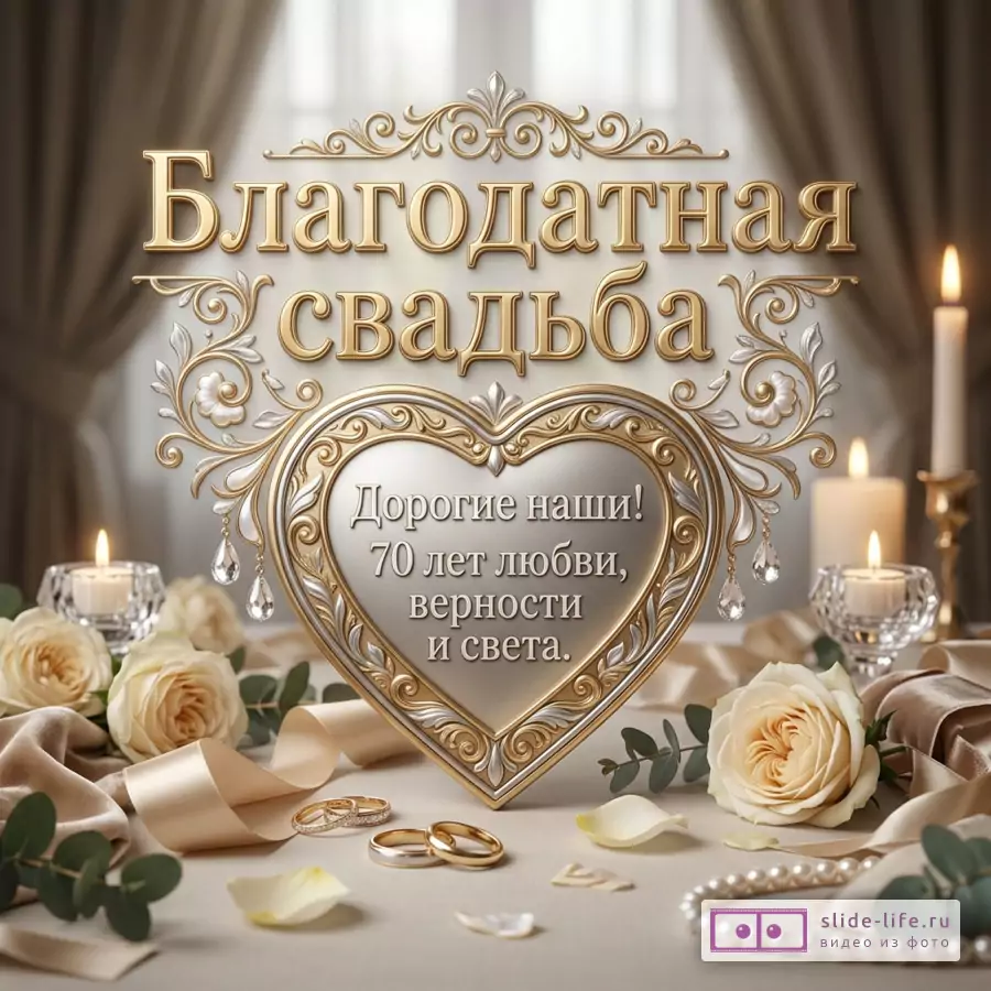 Бежевая открытка с золотым декоративным текстом «Благодатная свадьба 70 лет любви, верности и света для самых близких.», свечами, розами, кольцами, жемчугом и сердцем