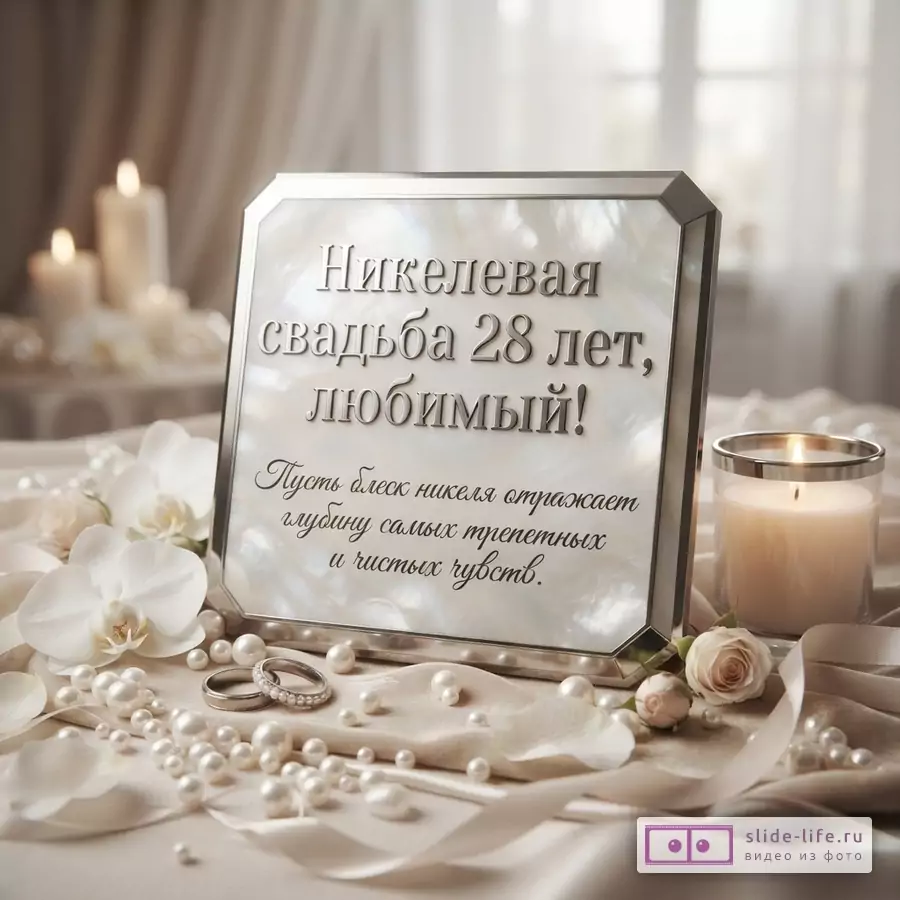 Серебряная рамка с перламутровой вставкой на бежевом фоне, рядом свеча, жемчуг и белые орхидеи. Текст: «Никелевая свадьба 28 лет, любимый! Пусть блеск никеля отражает глубину самых трепетных и чистых чувств.»