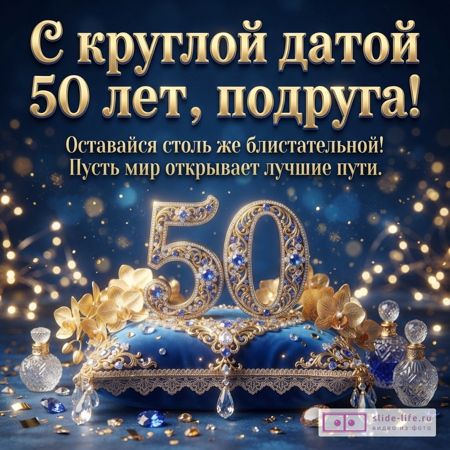 Синий фон с золотыми блестками. Золотые буквы «С круглой датой 50 лет, подруга! Оставайся столь же блистательной! Пусть мир открывает лучшие пути.». Внизу цифры «50» из золота и синих камней на синей подушке, золотые цветы, флаконы, кристаллы.