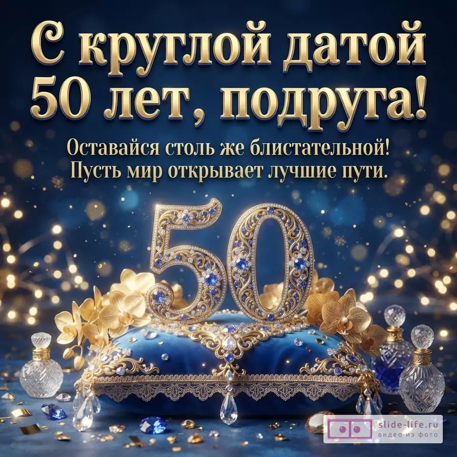Синий фон с золотыми блестками. Золотые буквы «С круглой датой 50 лет, подруга! Оставайся столь же блистательной! Пусть мир открывает лучшие пути.». Внизу цифры «50» из золота и синих камней на синей подушке, золотые цветы, флаконы, кристаллы.