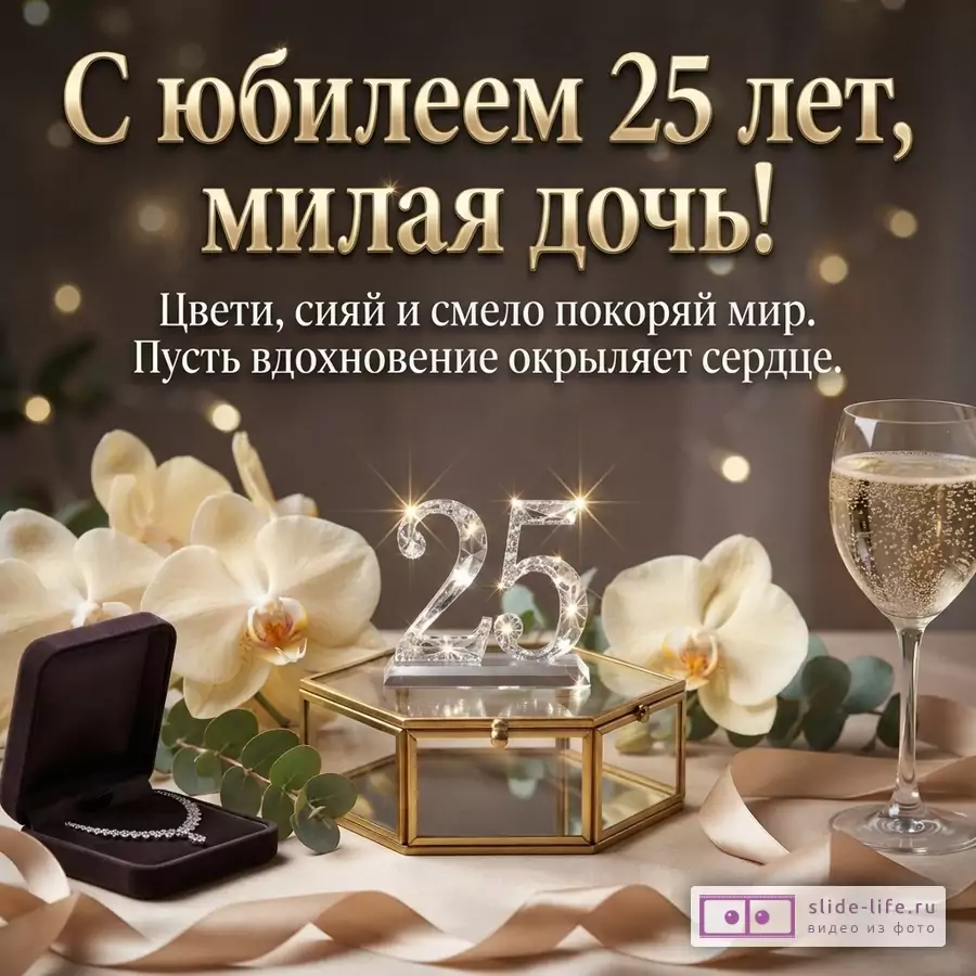 Хрустальная цифра 25 на стеклянной шкатулке, бокал шампанского, колье в футляре и орхидеи с надписью «С юбилеем 25 лет, милая дочь!»