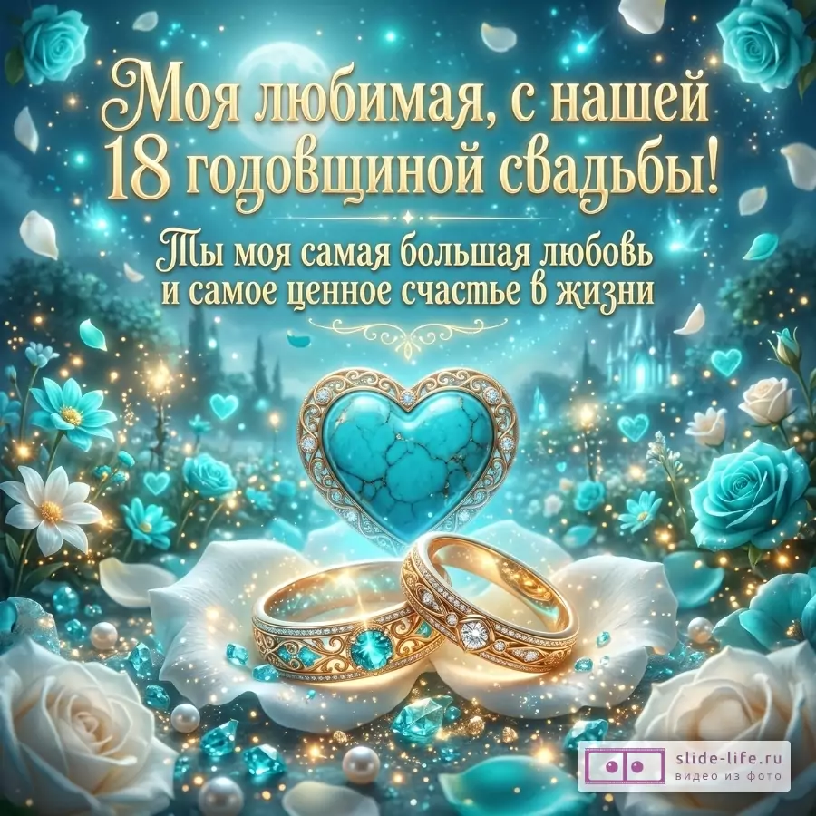 Бирюзово-синий фон, голубые розы, белые лепестки, сердце и золотые кольца. Текст: «Моя любимая, с нашей 18 годовщиной свадьбы! Ты моя самая большая любовь и самое ценное счастье в жизни»