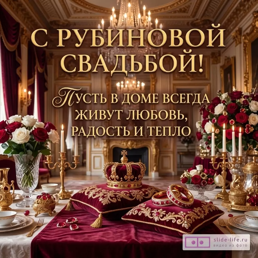 Золотисто-бордовый интерьер с короной, кольцами, розами и свечами. Текст: «С РУБИНОВОЙ СВАДЬБОЙ! Пусть в доме всегда живут любовь, радость и тепло».