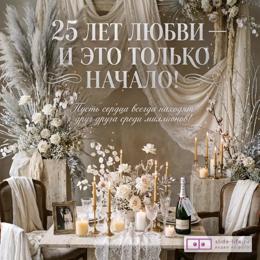 Бежево-белый праздничный интерьер с цветами, свечами, столом и бутылкой шампанского; текст «25 ЛЕТ ЛЮБВИ — И ЭТО ТОЛЬКО НАЧАЛО!», «Пусть сердца всегда находят друг друга среди миллионов!»