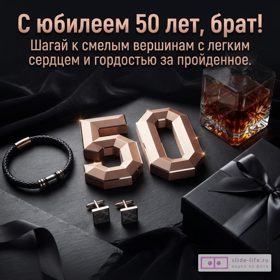 Черная открытка с золотыми буквами, на фоне черная ткань, справа бутылка виски, слева браслет, запонки, черная подарочная коробка. Текст: «С юбилеем 50 лет, брат! Шагай к смелым вершинам с легким сердцем и гордостью за пройденное.»