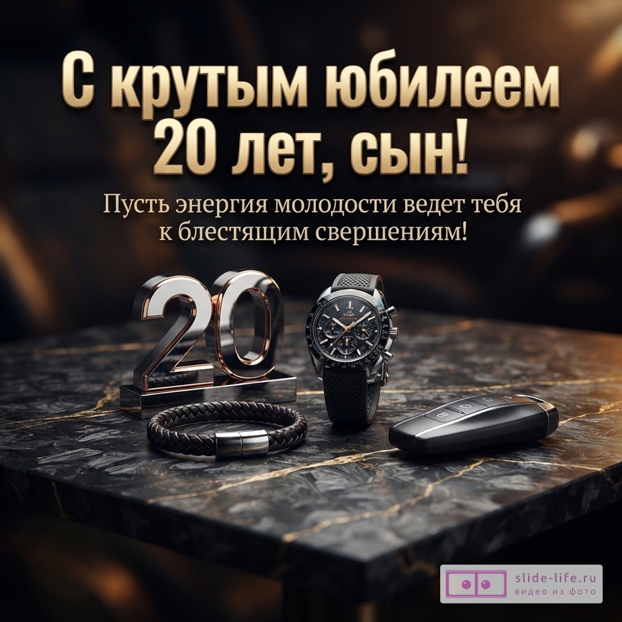 Металлическая цифра 20, наручные часы, браслет и ключ от машины на мраморном столе с надписью «С крутым юбилеем 20 лет, сын! Пусть энергия молодости ведет тебя к блестящим свершениям!».