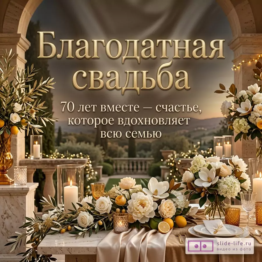 Арка и терраса на закате, стол с белыми цветами, свечами, золотистым декором и цитрусами, крупная надпись «Благодатная свадьба 70 лет вместе — счастье, которое вдохновляет всю семью»