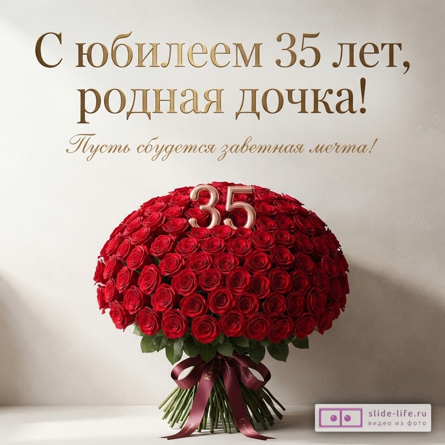 Огромный круглый букет красных роз с цифрой 35 на бежевом фоне с надписью «С юбилеем 35 лет, родная дочка! Пусть сбудется заветная мечта!»
