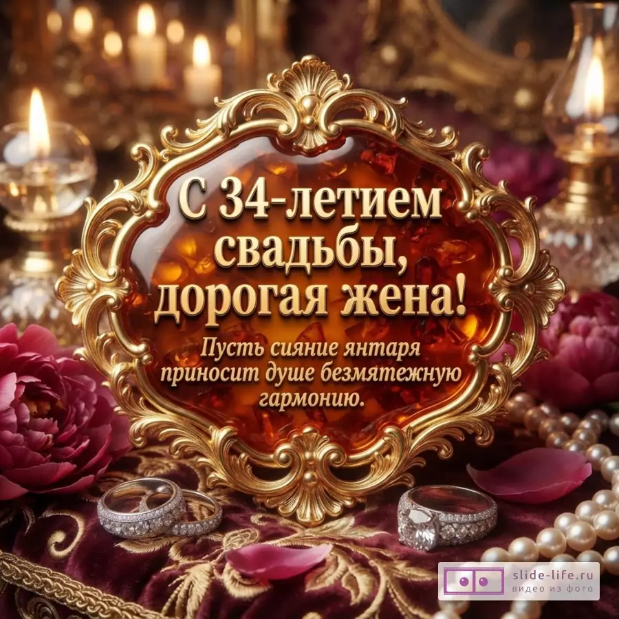 Золотая рамка с янтарной вставкой на бордовом фоне, текст «С 34-летием свадьбы, дорогая жена! Пусть сияние янтаря приносит душе безмятежную гармонию.», рядом обручальные кольца, жемчуг, свечи и цветы.