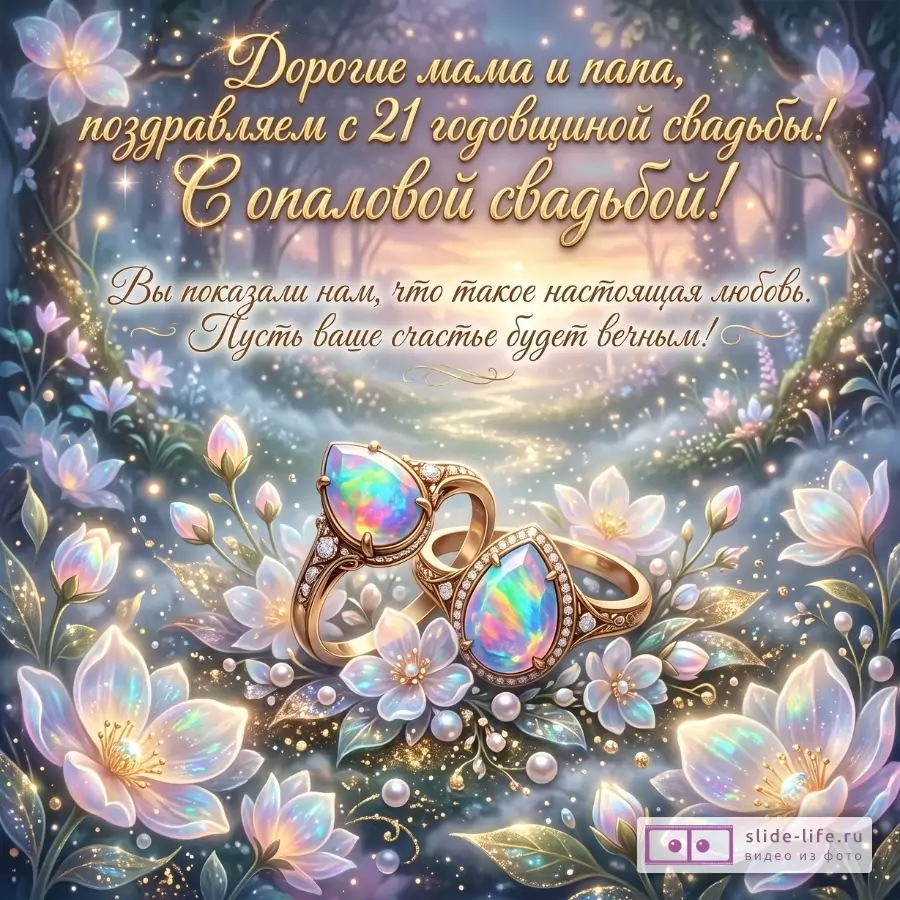 Сине-сиреневый сказочный фон, цветы, свет, два золотых кольца с опалами. Текст: «Дорогие мама и папа, поздравляем с 21 годовщиной свадьбы! С опаловой свадьбой!»