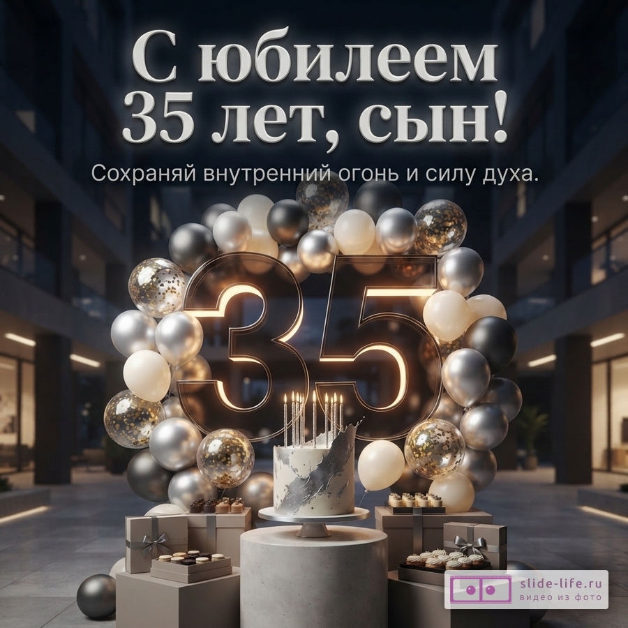 Объемная светящаяся цифра 35 в венке из серебряных, черных и белых шаров, торт и подарки. Текст: «С юбилеем 35 лет, сын! Сохраняй внутренний огонь и силу духа.»