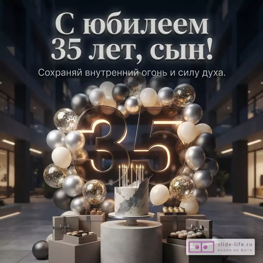Объемная светящаяся цифра 35 в венке из серебряных, черных и белых шаров, торт и подарки. Текст: «С юбилеем 35 лет, сын! Сохраняй внутренний огонь и силу духа.»