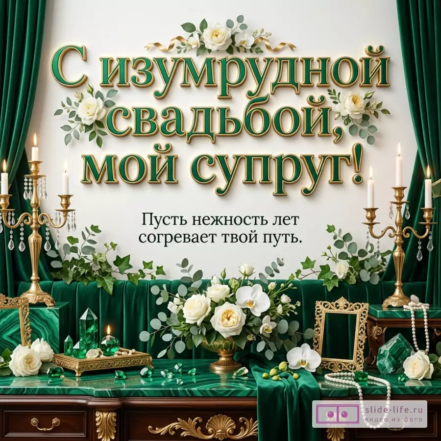 Белый фон, изумрудные шторы, золотые канделябры со свечами, белые розы и орхидеи, эвкалипт, изумрудные камни, жемчуг, пустые золотые рамки, текст «С изумрудной свадьбой, мой супруг! Пусть нежность лет согревает твой путь.»