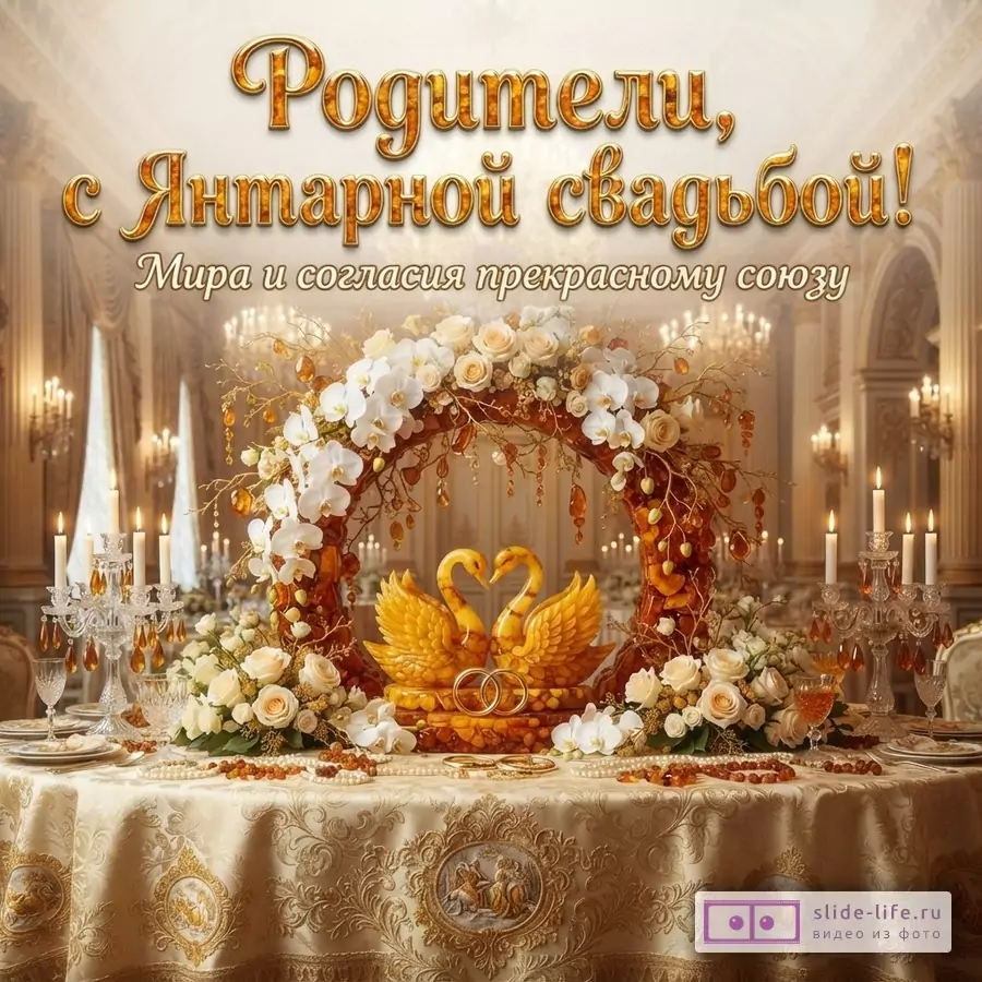 Бежевый фон, золотые буквы, праздничный стол, янтарные лебеди, цветы. Текст: «Родители, с Янтарной свадьбой! Мира и согласия прекрасному союзу»