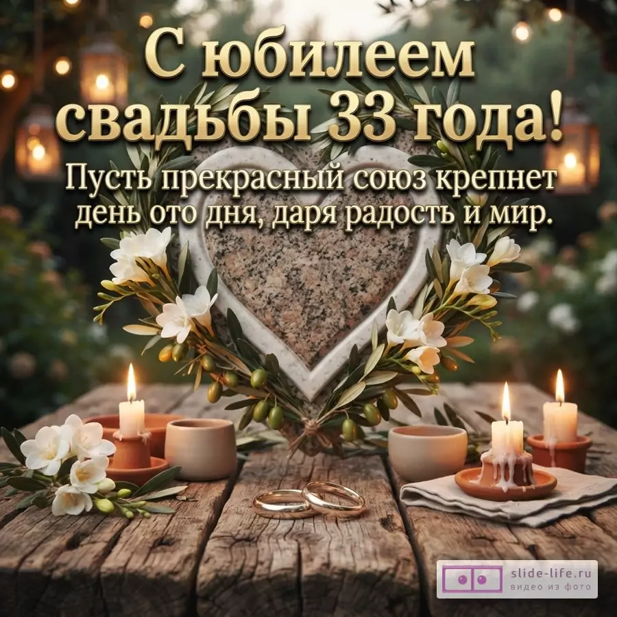 Фон размытый, зеленый, с огоньками. В центре каменное сердце, украшенное белыми цветами и оливковыми ветками. На переднем плане деревянный стол, на нем две свечи, две чашки и два золотых обручальных кольца. Текст: «С юбилеем свадьбы 33 года! Пусть прекрасный союз крепнет день ото дня, даря радость и мир.»
