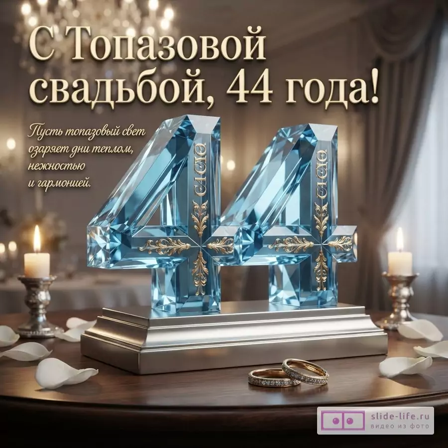 Открытка с Топазовой свадьбой, 44 года. На переднем плане две цифры «44» из голубого топаза с золотыми узорами на серебряной подставке, рядом два золотых обручальных кольца с камнями. Фон размытый, видны свечи и лепестки роз. Текст: «С Топазовой свадьбой, 44 года! Пусть топазовый свет озаряет дни теплом, нежностью и гармонией.»