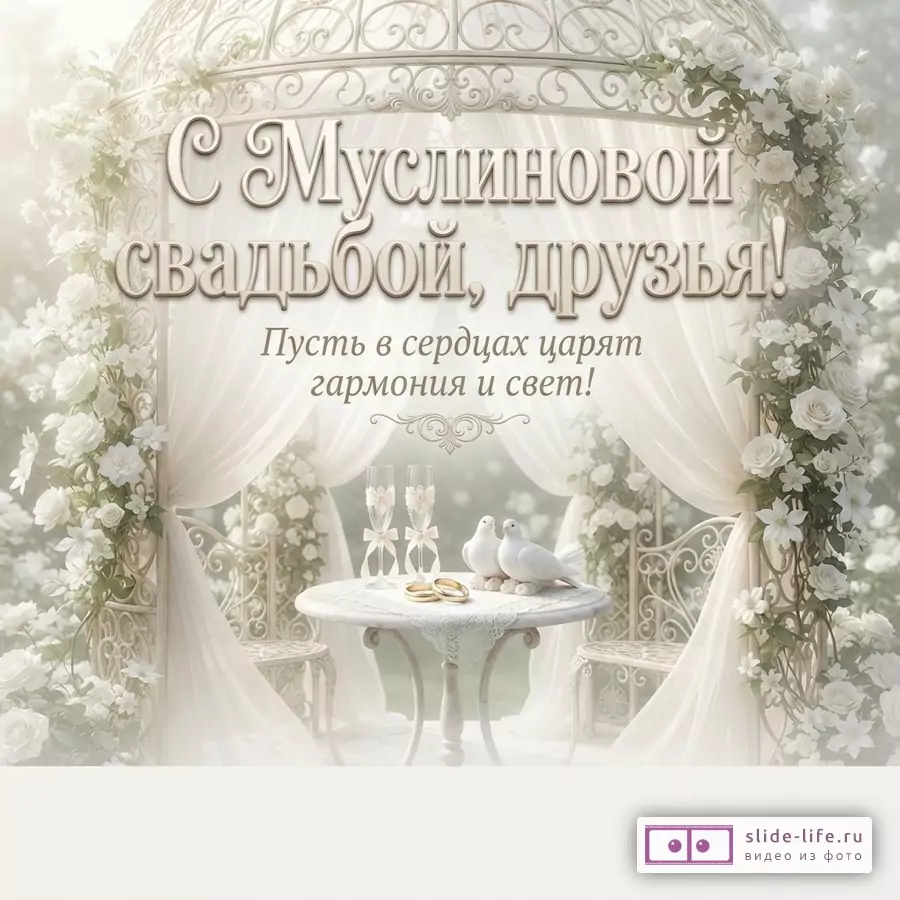 Белый фон, свадебная беседка, белые розы, белые занавески, стол, два стула, два бокала, два голубя, два кольца. Текст: «С Муслиновой свадьбой, друзья! Пусть в сердцах царят гармония и свет!»