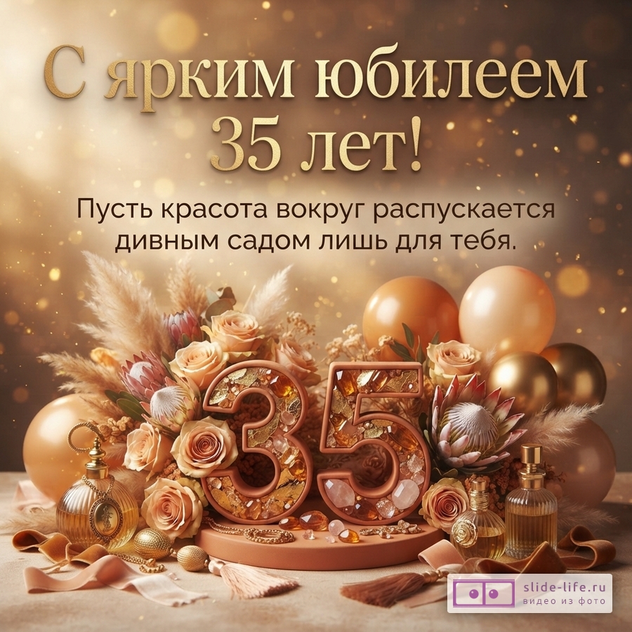 Коричнево-золотистая открытка с цветами, шарами, декоративной композицией и цифрами 35. Текст: «С ярким юбилеем 35 лет! Пусть красота вокруг распускается дивным садом лишь для тебя.»