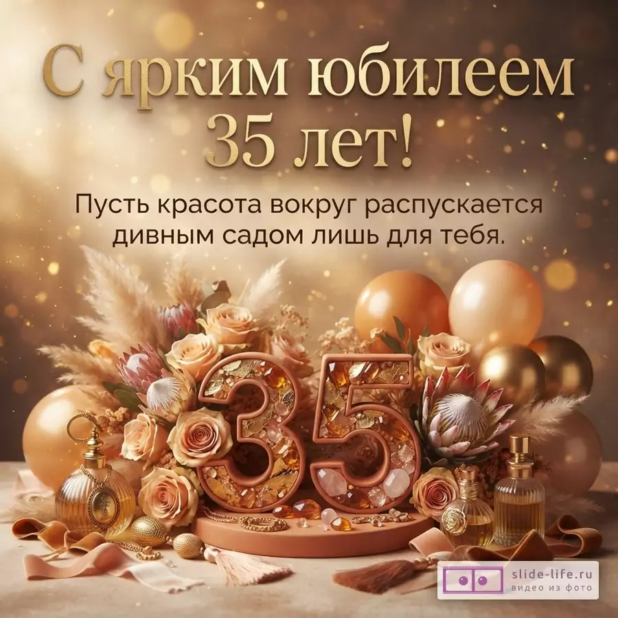 Коричнево-золотистая открытка с цветами, шарами, декоративной композицией и цифрами 35. Текст: «С ярким юбилеем 35 лет! Пусть красота вокруг распускается дивным садом лишь для тебя.»