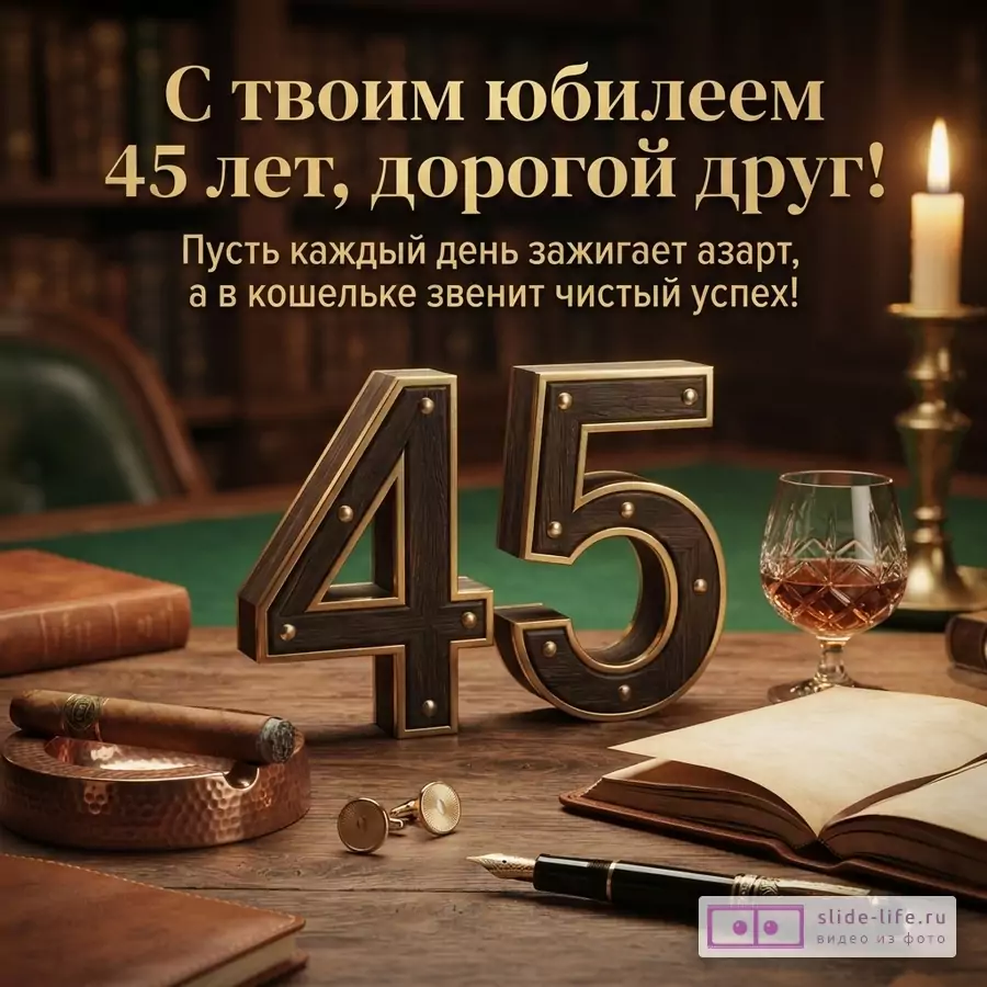 Коричневый фон, золотые буквы. Текст: «С твоим юбилеем 45 лет, дорогой друг! Пусть каждый день зажигает азарт, а в кошельке звенит чистый успех!»