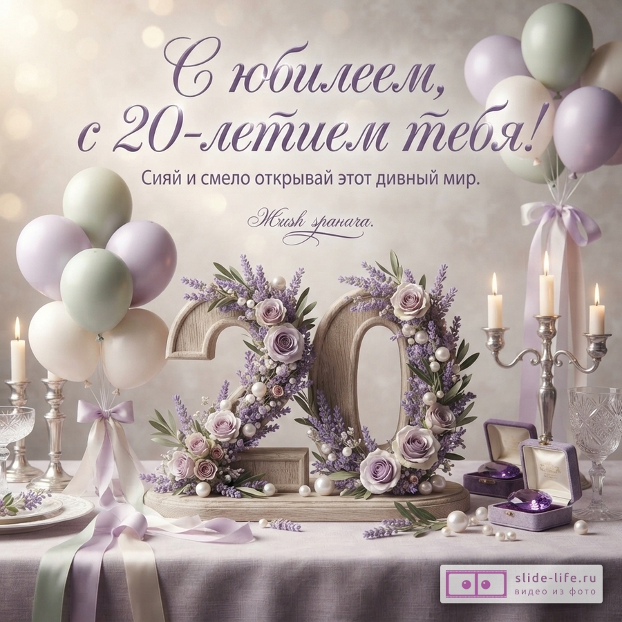 Открытка с юбилеем 20 лет, фон светлый, сверху воздушные шары сиреневого, мятного и белого цвета, снизу на столе цифры «20» из дерева, украшенные лавандой, розами и жемчугом, рядом свечи и шкатулки с украшениями. Текст: «С юбилеем, с 20-летием тебя! Сияй и смело открывай этот дивный мир.»