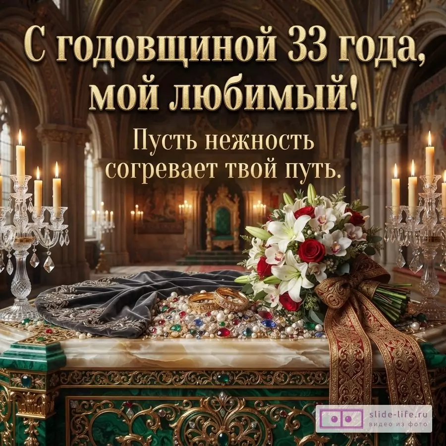 Фон дворцового интерьера, на переднем плане стол с драгоценностями, букетом цветов и подсвечниками. Текст: «С годовщиной 33 года, мой любимый! Пусть нежность согревает твой путь.»